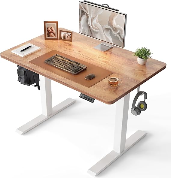 CubiCubi 32 x 20 One-Piece Standing Adjustable Electric Desk, Light Rustic | Adjustable Height Electric Computer Sit Stand up Home Office Workstation, with Memory Presets, Headphone Hook