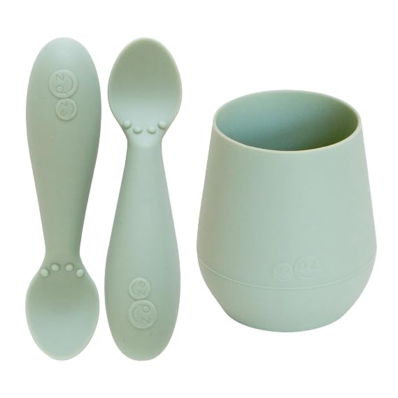 ezpz Tiny Cup (Sage) + Tiny Spoon (2 Pack in Sage) - baby essentials, cup and spoon