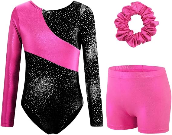XiaoMoSha Girls Three-Piece Gymnastics Leotards Set Long Sleeve Leotards with Shorts and Hairband Sparkly Ballet Dance Unitards Gradient Color Design Gymnastics Outfits for Kids 3-12 Years