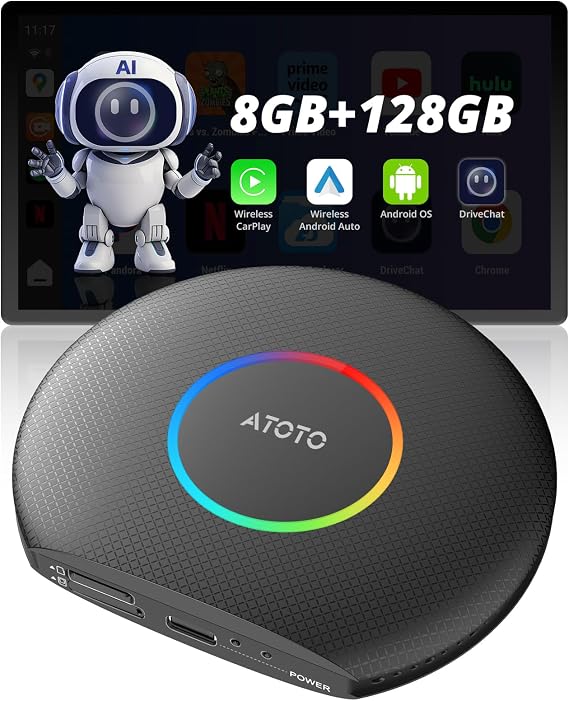 ATOTOZONE CB6 CarPlay AI Box & Android AI Box, Wireless CarPlay/AndroidAuto Adapter, Plug & Play CarWave Car Smart Box with AI DriveChat, GPS Track, Android 13, 2 BT, 4G LTE, 8G+128G, Black