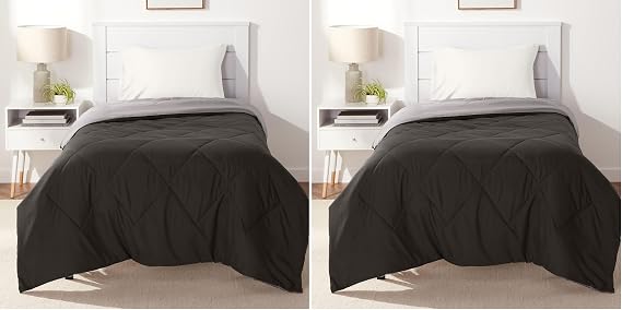 Amazon Basics Comforter Blanket, Reversible, Lightweight Microfiber, All Season, Soft Plush, Machine Washable, Twin/Twin XL, Black/Grey (Pack of 2)