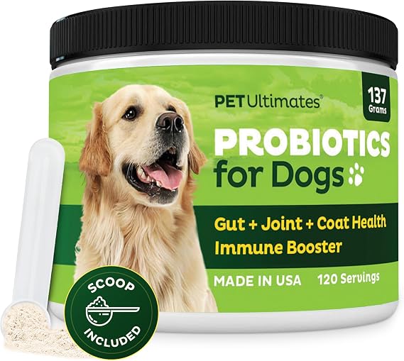 Pet Ultimates Pet Probiotics for Dogs (137g/120 Servings) 22-Species Dog Probiotics Powder Daily Skin and Coat Supplement for Dogs with Digestive Enzymes for Gut Health & Seasonal Comfort