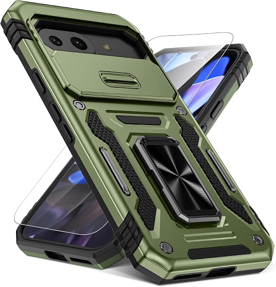 Caka for Google Pixel 9A Case, [Full Camera Protection] [360Rotated Kickstand Ring] [HD Screen Protector] Militray-Grade Hard Protective Phone Case Cover with Tempered Glass for Pixel 9A - Green