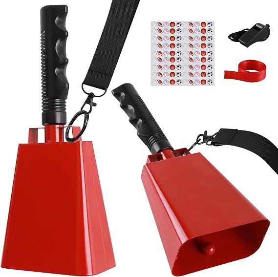 cyrico Cow Bells for Sporting Events, 2 Pack 10 Inch Cowbell with Handle, Metal Loud Noise Makers for Football Games, Large Red Cheering Hand Bell Chimes Alarm School Musical Percussion Instruments