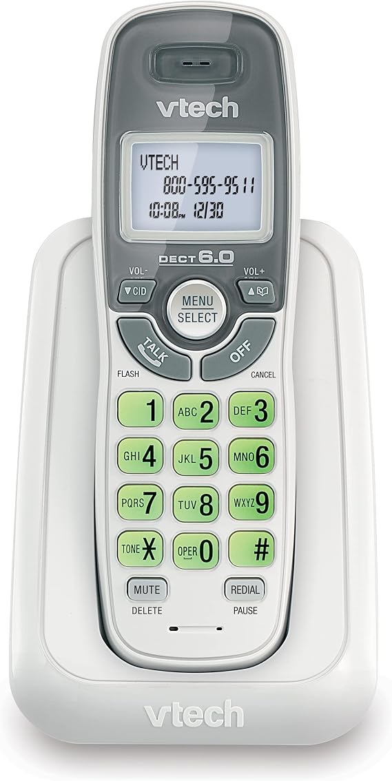 VTech CS6114 DECT 6.0 Cordless Phone with Caller ID/Call Waiting, White/Grey with 1 Handset, 3.50 x 3.50 x 7.00 Inches