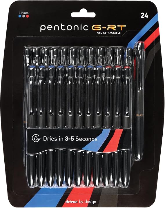 Pentonic G-RT Retractable Gel Pens, 24 Count, Assorted Color Ink (12 Black, 8 Blue, 4 Red), 0.7 mm Fine Point, Smooth Writing For Journaling (1002360)