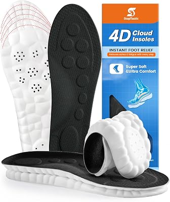 Insoles Men, 4D Cloud Insoles for Women Men, Arch Support and Shock Absorbing for Fatigue Relief, Pressure Distribution, Trim to Fit Inserts for Walking, Hiking Black, M 7-12, 1 Pair