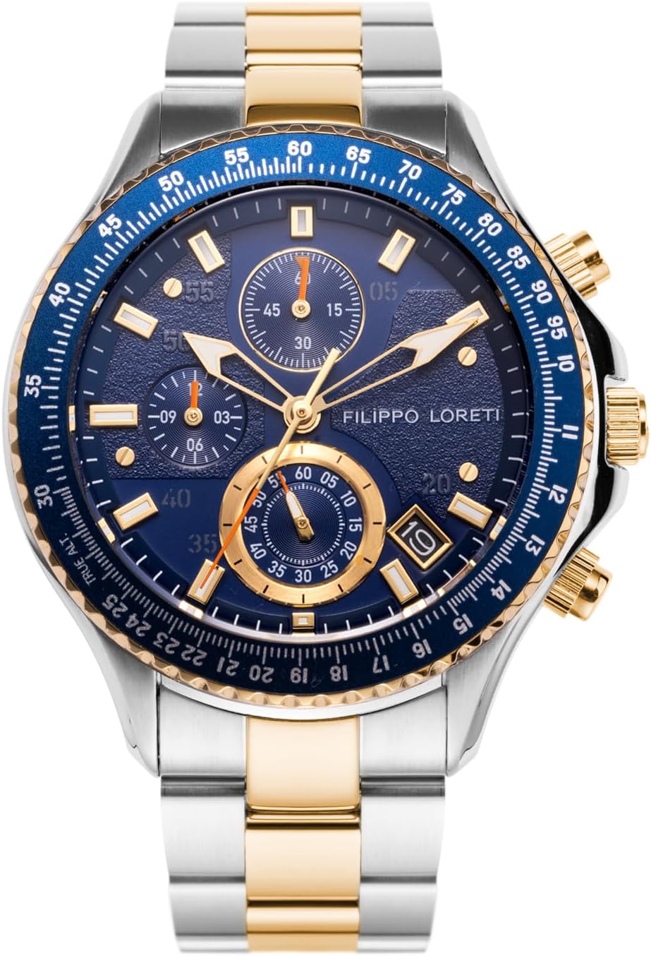 FILIPPO LORETI Sport Pilot Two Tone Blue Chronograph Mecaquartz 42mm 100M Water Resistance Wrist Watch for Men, 42mm, Blue, 42mm, Chronograph