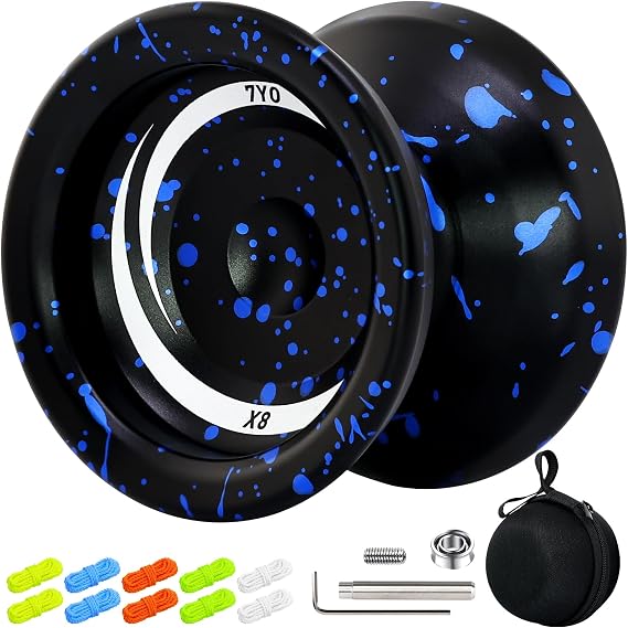 7YO Yoyo for Kids Beginner, X8 Responsive Professional Yoyo for Adults, Metal Alloy Yo Yo with 10 Strings, Case, Removal Bearing Tool, KK Bearing - Black Blue