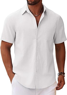 COOFANDY Mens Button Down Short Sleeve Shirt Casual Cotton Summer Beach Linen Wedding Shirts with Pocket