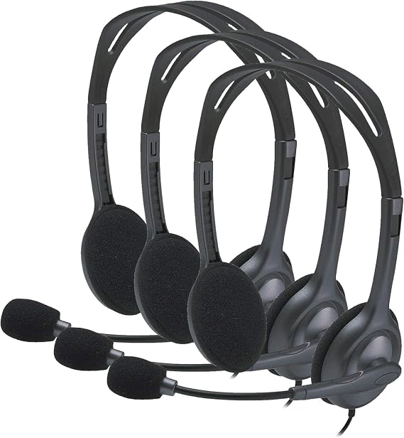 Logitech H111 Wired Headset, Stereo Headphones with Noise-Cancelling Microphone, 3.5 mm Audio Jack, PC/Mac/Laptop/Smartphone/Tablet - Black (Pack of 3)