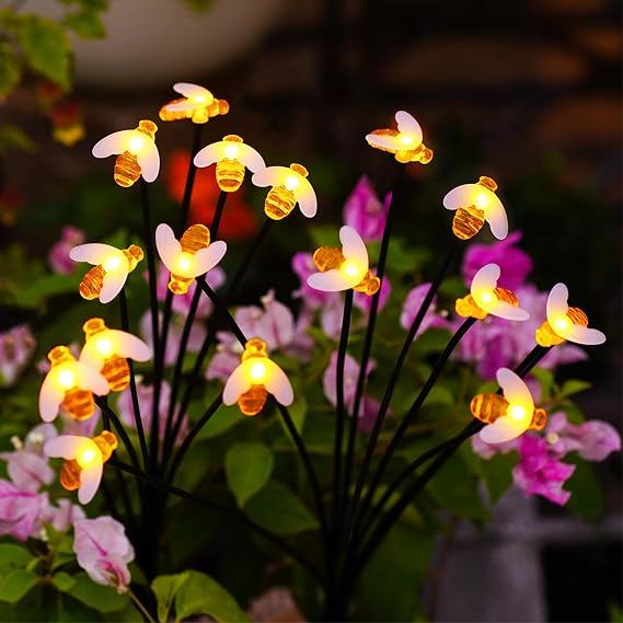 Nacome Solar Bee Garden Pathway Lights: 2 Pack 16 LED Swaying Firefly | 27.5In, IP65 Waterproof, Cute Path Lights for Landscape Yard Patio Decor,Gifts for Mom Women Garden Lovers