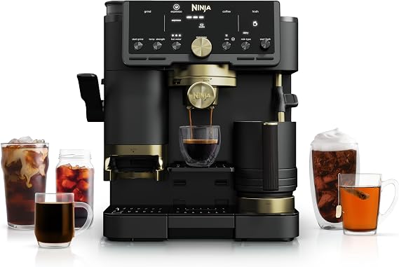 Ninja LuxeTM Cafe Pro designed by David Beckham, Espresso Machine, Drip Coffee, Cold Brew, Hot Water, Integrated Tamper, Built-in Grinder, Hands-Free Frother for Lattes & More, Black/Gold, ES771BK