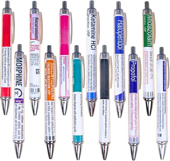 YJ PREMIUMS 12 PC Pharmacy Pens for Nurse & Pharmacist | Funny Drug Nursing Week Pharmacy Tech Technician Gifts for Women Needle Vaccine Syringe Pill Medicine Pen Supplies Accessories Bulk