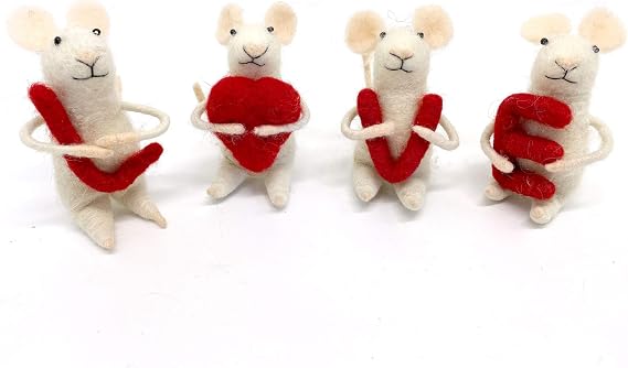 ZJHBONE Wool Felt Christmas Mouse with Love famliy Handmade Ornament Handing Love mice 4 Sets Valentine 's Day for Decor