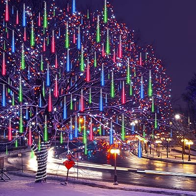 Meteor Shower Lights UL Certified 192LEDs 8 Tubes Falling Rain Drop Christmas Icicle Cascading Lights for Xmas Tree Halloween Decorations Wedding Party Holiday Garden Decor, Multicolor