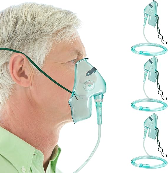 3 Pack Oxygen Masks for Face Adult, XL Sleeping Oxygen Mask, No Cup, Green | Soft, Hypoallergenic Material; 6.6Ft Tangle-Free Tube; Moldable Nose Clip for Secure Fit & Seal; Adjustable Headband Fits All