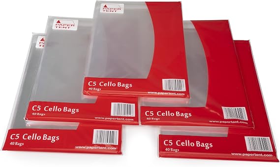 Papertent C5 Cello Bags, 40 Micron Thick, Qty 200 (5 PACKS x 40)