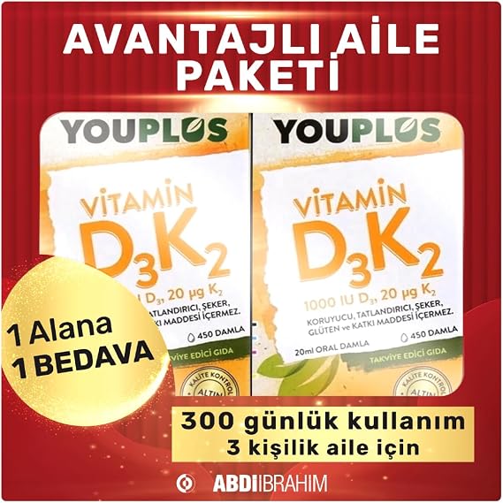 Youplus Vitamin D3K2 1000 IU 20 ML Oral Damla 2 Kutu Avantajlı Paket