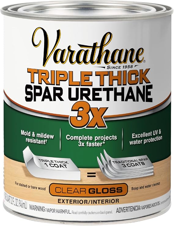 Varathane Triple Thick Gloss Spar Urethane | Interior & Exterior Wood Projects, 3X Thicker OneCoat Coverage, UV & Water Protection, Durable Finish, Quart