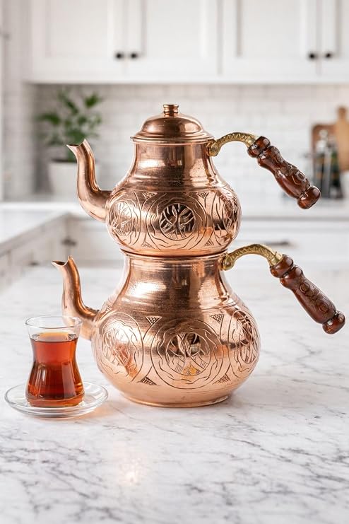 DMT COPPER El Ä°Ålemeli BakÄ±r ÃaydanlÄ±k TakÄ±mÄ±, Geleneksel TÃ¼rk Ãift Demlik Seti, Kalay KaplÄ±, 0.9L ve 1.8L, Keski Modeli