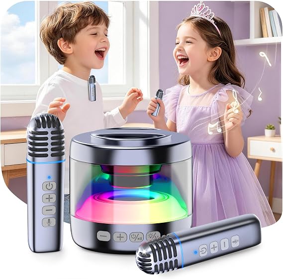 Mini Karaoke Machine for Kids with 2 Wireless Lapel Microphones