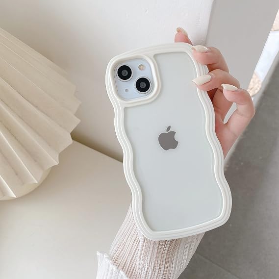 QLTYPRI Compatible with iPhone 15 Case, Cute Curly Wave Frame Clear Case for Girls Women, Transparent Soft Silicone TPU Bumper Shockproof Protective Cover for iPhone 15 - White