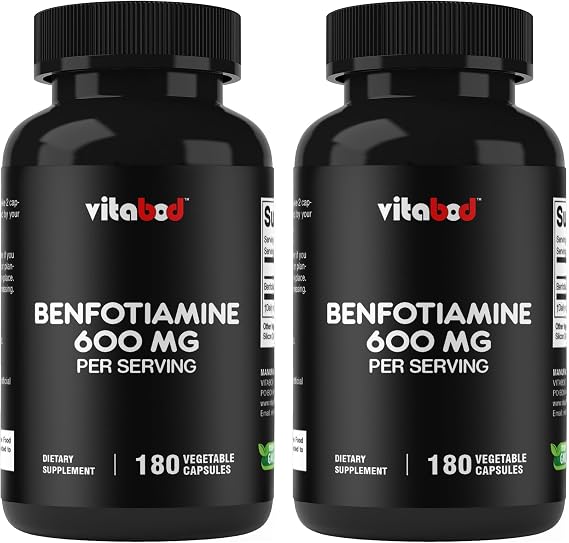 Vitabod Benfotiamine 600mg 180 Vegetarian Capsules - Made in USA - 2 Pack | Nervouse System Health*, Cellular Energy Metabolism*, Fat-Soluble Vitamin B1 Supplement, Gluten Free.