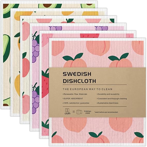 Swedish Dishcloth Set of 6 - Reusable Dish Cloths 100% Biodegradable & Compostable Sponge Cloths, Food-Safe & Plastic-Free Kitchen Cleaning Cloth Suitable for Any Surface (Fruit)