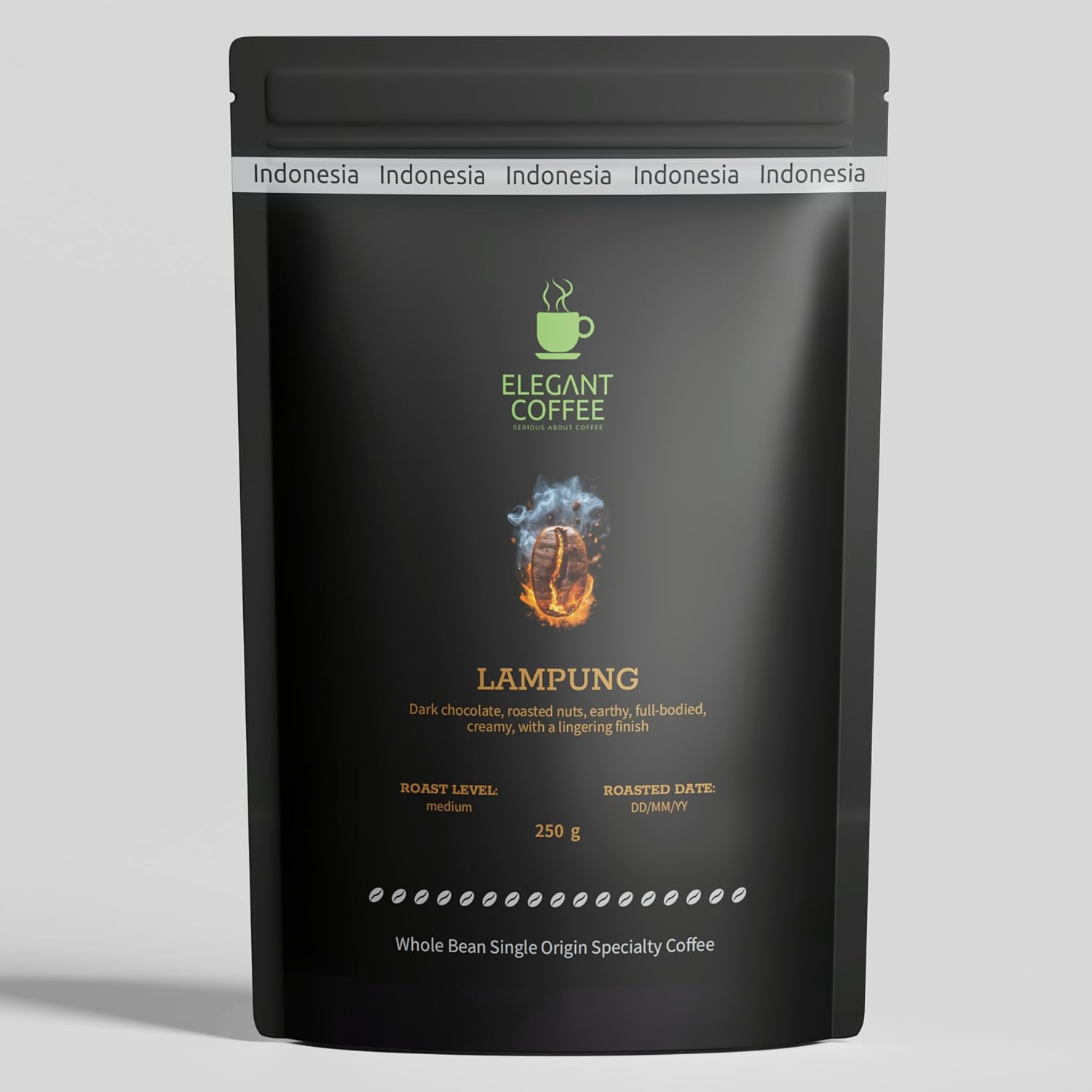 Elegant Coffee Lampung Whole Bean Coffee, 250g - Premium Single-Origin Medium Roast, Nutty Sumatra Arabica