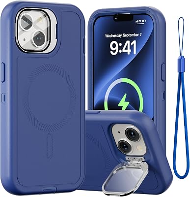 for iPhone 14 Case with Stand & Built-in Camera Cover, MagSafe Compatible, Heavy-Duty Shockproof Protection, Magnetic & Rugged Phone Cover for iPhone 14 6.1, Navy