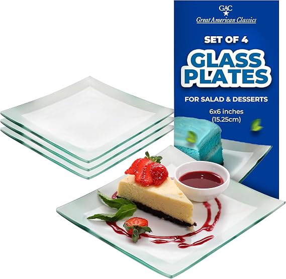 Tempered Glass Dessert Plates 6 Inch Elegant Square Appetizer Plates, Modern Serving Dishes for Snacks, Salads & Sweets, Durable, Microwave & Dishwasher Safe Set of 4, Silver