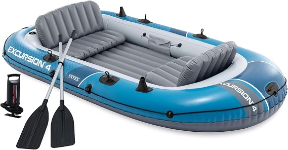 INTEX Excursion 4-Person Inflatable Fishing Boat River Raft Set with Oars | 66324EP - Portable Boat with Extra Wide Cockpit and High-Ouput Hand Pump, 10ft 4in 5ft 5in