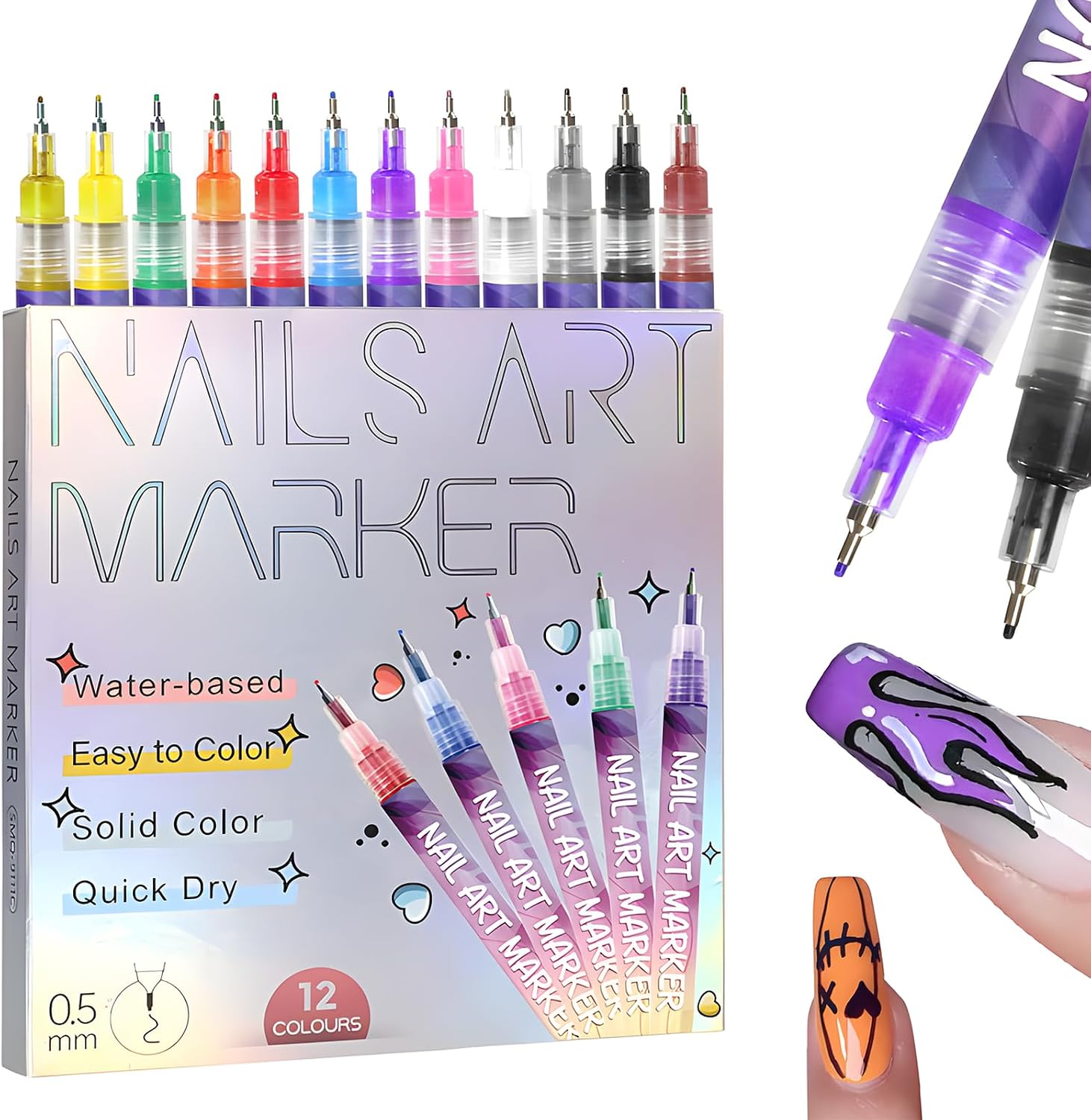 Fine Tips 3D Nail Art Polish Pens, 12 Colors 0.5MM Nail Tip Pens Nail Point Graffiti Dotting Pen Drawing Painting Liner Brush for Home Salon Quickly DIY Nail Art
