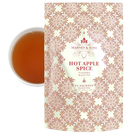 Harney & Sons Hot Apple Spice Black Tea, 50 Sachets | Black tea with apple flavors, cinnamon, orange peel, and cloves. 50 sachets. 4060 mg caffeine per serving.