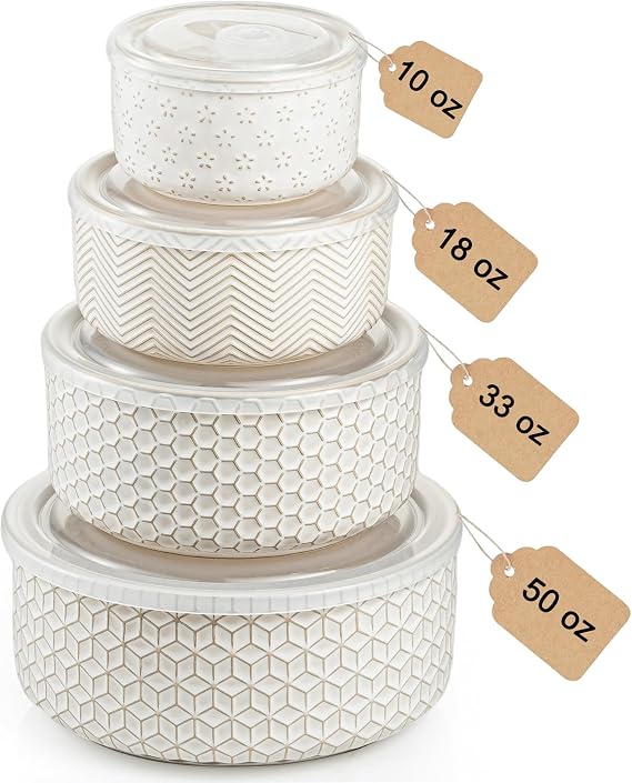 Serving Bowls with Lids, Ceramic Embossed Nesting Mixing Bowls, Set of 4, Serving Bowls Set for Food Storage, Popcorn, Salad etc, Microwave & Dishwasher Safe, 10/18/33/50 OZ, Off-White