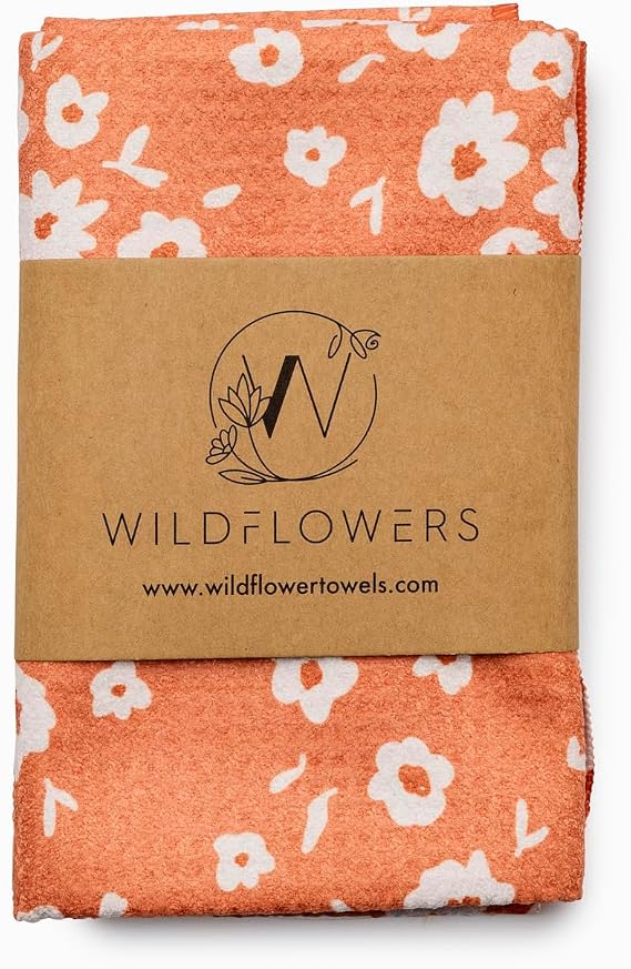 Wildflowers Microfiber Kitchen Towels | Waffle Fabric Tea Towel| Super Absorbent, Soft, and Scratch-Free Dish Towels (Single, Light Rust White Flowers)