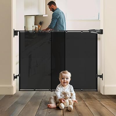 Babelio 26-43 No Bottom Bar Baby Gate for Babies, Elders and Pets, Mesh Gate with Large Walk Thru Door, One-Handed Open, Auto-Closing, Hardware Mount Safety Gate for Stairs and Doorways, Black