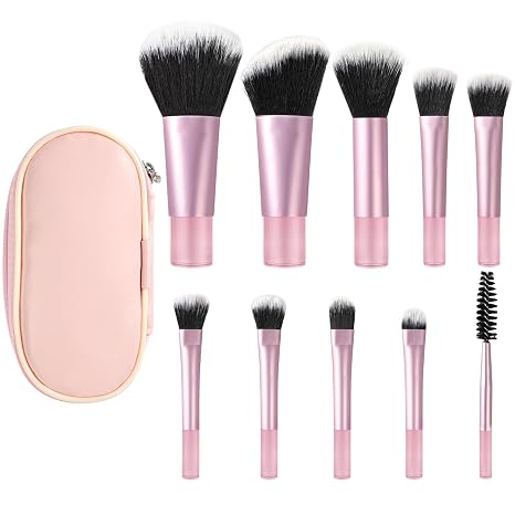 OFFCUP Makeup Brush Set 10 Pieces Mini Make Up Brush Set with Storage Bag Portable Makeup Brush Set Cosmetic Brush Set Travel Size for Eyelashes Foundation Eyeshadow Contour Rouge