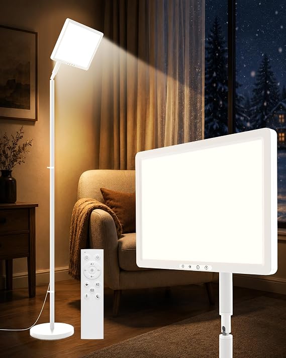 Light Therapy Lamp, 12000LUX UV-Free Therapy Light, Full Spectrum Sun Lamp | 4-in-1 Floor Standing Sunlight Therapy Lamp with Remote Control Timer 5 Color Temperature 10 Brightness 4 Height, White