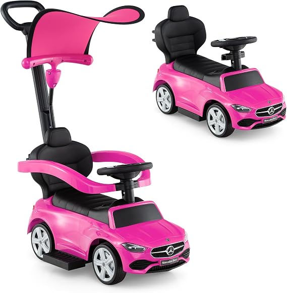 Licensed Mercedes Benz Push Car for Toddlers by INFANS, 3 in 1 Sliding Walking Car with Push Handle, Horn, Music, Underneath Storage, Foot-to-Floor Ride on Toys for Boys Girls, Pink