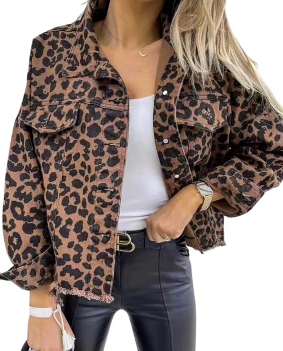 Cowboy jacket Leopard print long sleeve short loose casual coat women