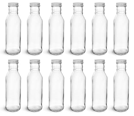 North Mountain Supply 12 Ounce Glass Ring-Neck Sauce Bottle 38 CT - with White Metal Lids - Case of 12