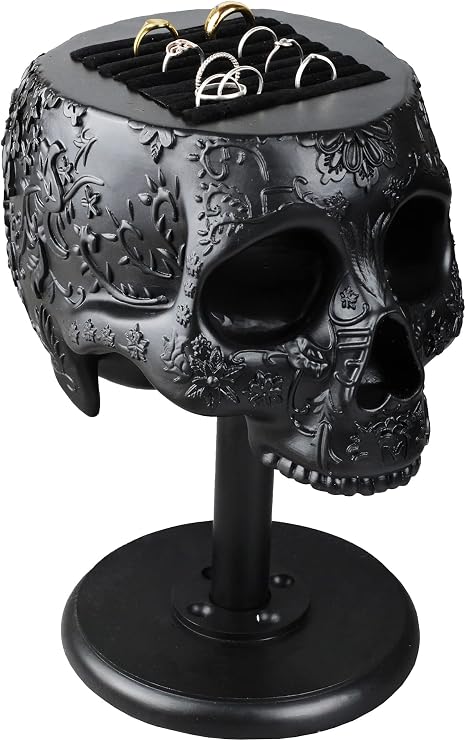 Matte Black Carved Skull Ring Holder | 8 Gothic Jewelry Display Stand with Velvet Slots | Edgy Floral Skull Decor for Vanity, Bedroom & Nightstand, Unique Goth Room Organizer Gift for Women & Men