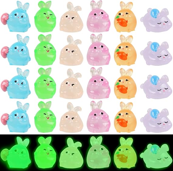 24pcs Luminous Resin Tiny Rabbit Statue Cute Mini Resin Rabbit Figures Colorful Glowing Animals with 6 Styles for Garden Landscape Christmas Easter Birthday Home Party Decorations