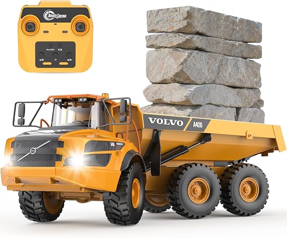 DOUBLE E 1:20 Scale Volvo A40G RC Dump Truck Toy 2.4GHz Articulated Hauler for Adults, RC Construction Toys Vehicles with Simulated Acoustic-Optical, 3 Motors, 3kg Load, 6-Wheel Dump Bed