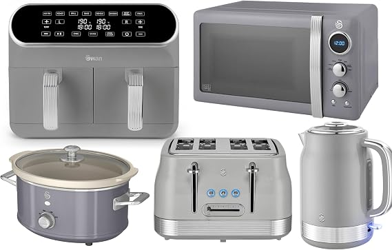 Swan Retro Revive Grey 1.7L Jug Kettle, 4 Slice Toaster, Retro 800W 20L Microwave, 8L Dual Basket Air Fryer and 3.5L Slow Cooker. Matching Retro Design Kitchen Set in Grey with Chrome Accents