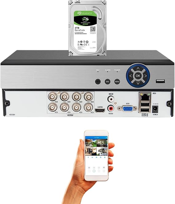 Evertech HD H.265 8 Channel Hybrid DVR Security Recorder with 2TB Hard Drive, Compatible with AHD/TVI/CVI/Analog Cameras