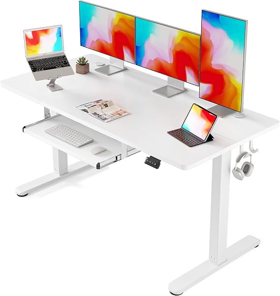 FEZIBO Electric Standing Desk with Keyboard Tray, 160 x 60 cm Height Adjustable Sit Stand Desk with Memory Presets and Anti-Collision, Home Office Computer Desk, White Frame/White Top