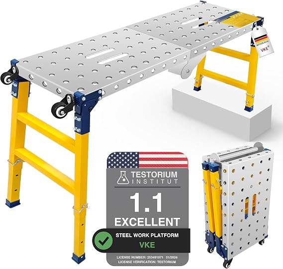 VKE Galvanized Folding Work Platform 47"x14", Height 23-35in Adjustable | 1100 lbs Load Capacity, Corrosion Resistant Ladder with Rollers, Portable Design Easy to Move and Store
